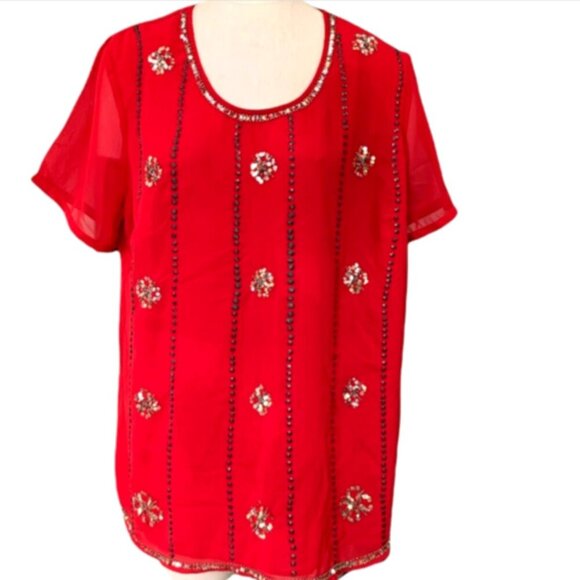 Ashley Stewart Sheer Short Sleeve Sequin Tunic Top Sz 14/16 Red #194B - Picture 2 of 9